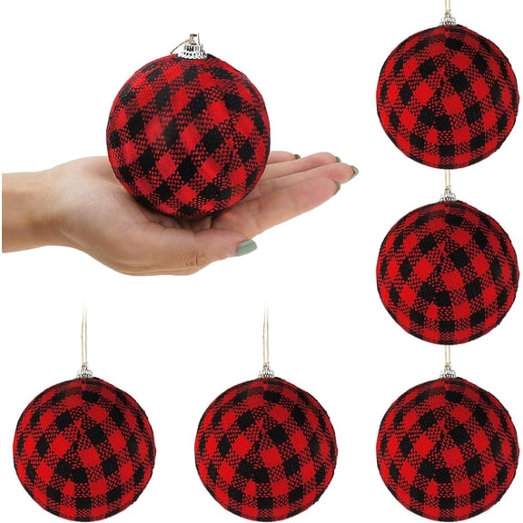 6Pcs Holiday Fabric Wrapped Balls,Party Decorative Pendant,Christmas Tree Hanging Ornaments,Buffalo Check Ball Decorations,Christmas Plaid Ball Ornaments,for Xmas Home Decor Black & Red