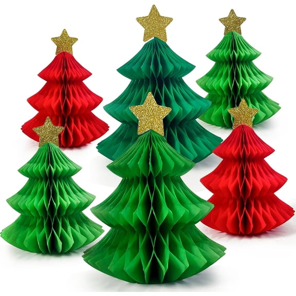 6Pcs Honeycomb Paper Christmas Trees - Mini Xmas Table Decorations and Ornaments for Home Decor and Party Supplies (Red and Green)