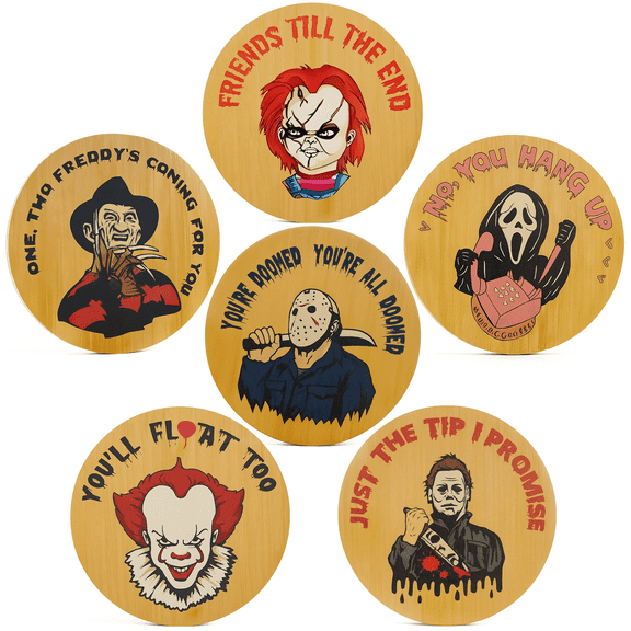 6Pcs Horror Movie Character Spooky Coasters with Holder | Halloween Kitchen Decor & Bar Accessories | Horror Gift Set