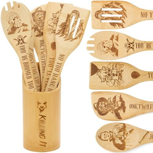 6Pcs Horror Movie Character Wooden Spoons Utensils with Holder: Laser Engraved Bamboo Spoons, Halloween Movie Merchandise, for Party Decor – Home Decor