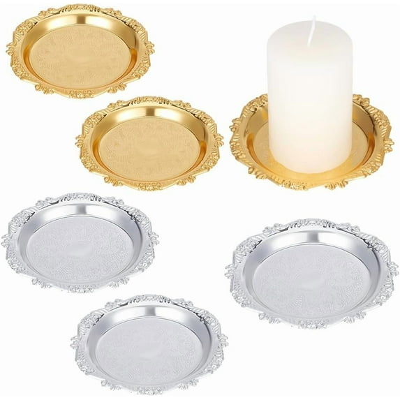 6Pcs Iron Plate Candle Holder 6 Inch Diameter Silver and Gold Round Candle Tray Decorative Candle Holder Plates Candle Plate Holder