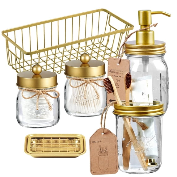 6Pcs Jars Bathroom Accessories Set Complete - Toothbrush Holder, Lotion Soap Dispenser, 2 Mason Jars, Soap Dish, Toilet Paper Basket, Rustic Farmhouse Decor (Brown, 6Pcs Bathroom Set)