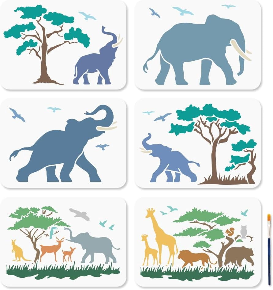 6Pcs Jungle Elephant Giraffe Stencils Tropical Forest Animals Templates ...