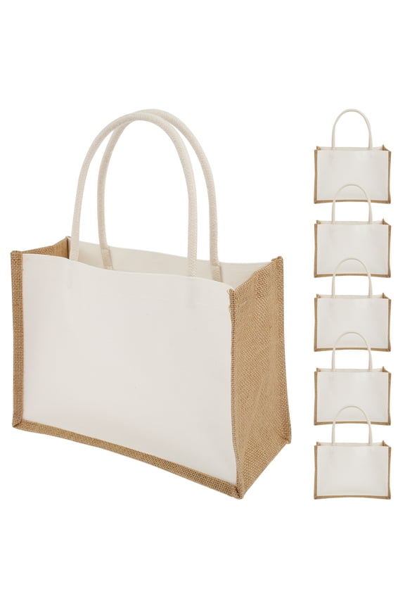 6Pcs Jute Tote Bag Eco-Friendly Burlap Bags Portable Burlap Beach Tote Bags Reusable Large Capacity Burlap Beach Bags for Groceries Beach Day