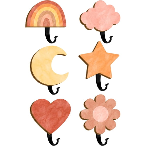 6Pcs Kids Coat Rack Hook Cute Coat Hooks Boho Wooden Wall Hooks Hanging Decorative Clothes Key Hat Hanger Nursery Wall Mounted Coat Hook for Kids Room Bedroom Bathroom Home Decor