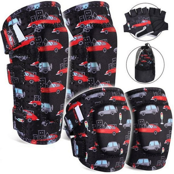 6Pcs Kids Elbow Knee Gloves Safety Protective Roller Skate Cycling Bike Gear - Traffic-Red/Black-S/M
