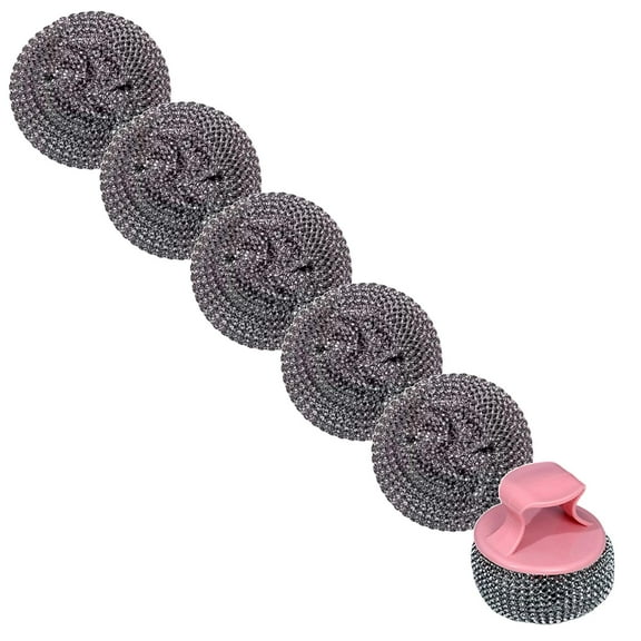 6Pcs Kitchen Steel Wool Scrubber, Cleaning Scrub Brushes Set with 5 Replacement Wire Pads, Steel Scrubber with Handle for Scouring Stubborn Messes from Cast Iron, Pots, Pans, Grill, Stoves, Sink