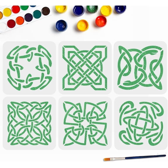 6Pcs Knot Painting Stencils 7.9×7.9inch Triquetra Knot Stencil with Paint Brush Reusable Decorative Templates for DIY Wood Wall Window DIY Craft Home Decor