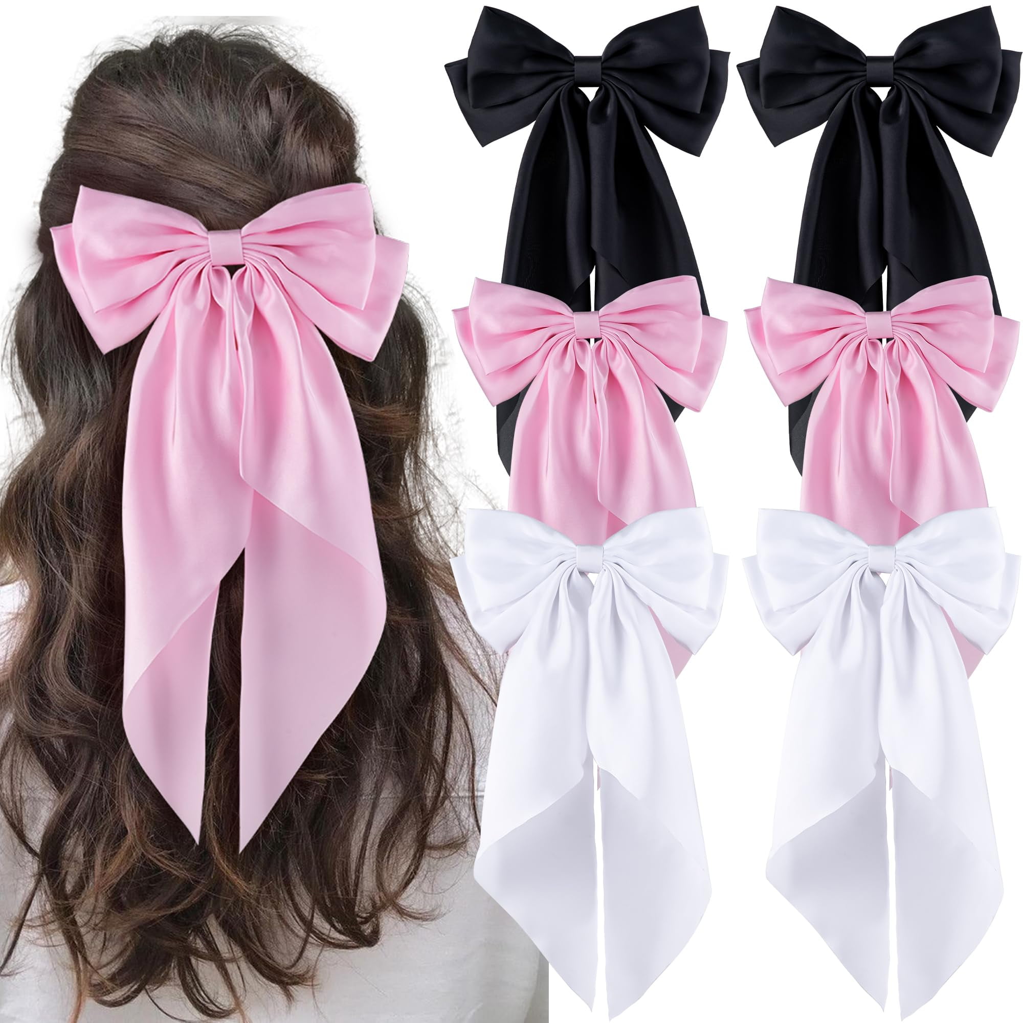 6Pcs Large Bows Hair Clips for Women Girls Long Tail Hair Ribbon Silky ...