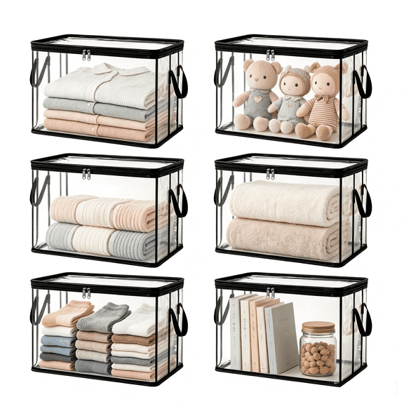 6Pcs Large Clear Thick Plastic Storage Box with Hinged Lid, Large Heavy-Duty Thick Plastic Clear Storage Bag for Clothes, Moving & Storage, Stackable Foldable Bins Totes Bags with Lids Handles