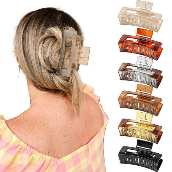 6Pcs Large Hair Claw Clips for Women Thick Thin Hair Acrylic Big Claw Hair Clip Non-Slip Strong Hold Caw Clips for Thick Hair (Amber(Square))