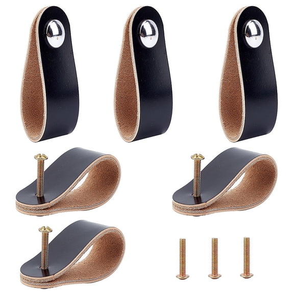 6Pcs Leather Drawer Pull Cabinet Handle Knob Wardrobe Door Cupboard Furniture Drawers Closet Handles Pulls with Screws for Avoid Collisions Black