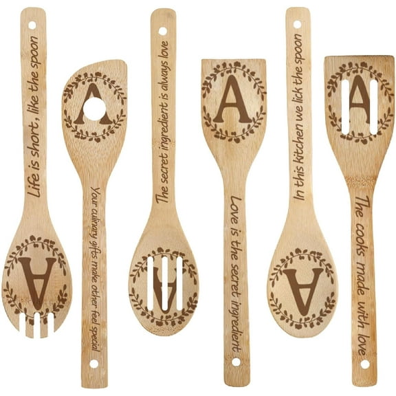 6Pcs Letter A Wooden Spoons Utensil Set Initial Letter Monogrammed Words Kitchen Tableware Dinnerware Nature Bamboo Cooking Carve Burned Slotted for Birthday Housewarming Wedding Gifts Decor