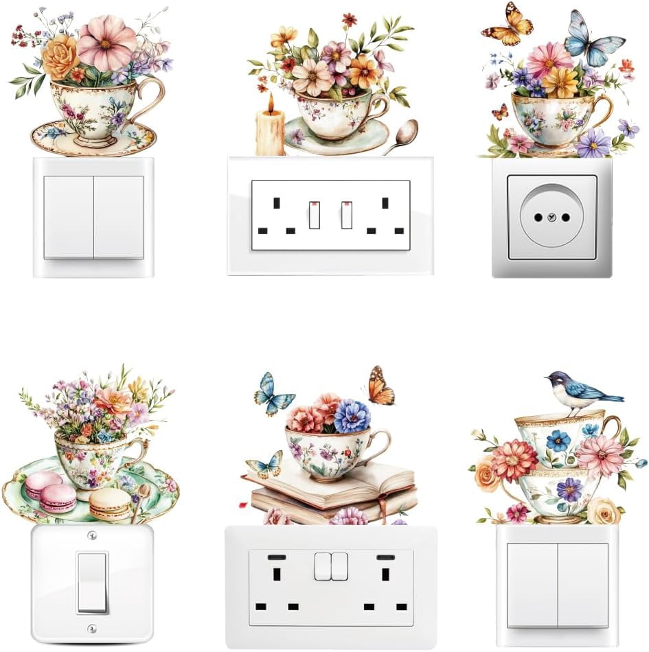 6Pcs Light Switch Plate Stickers Cup Flowers Afternoon Tea Vintage ...