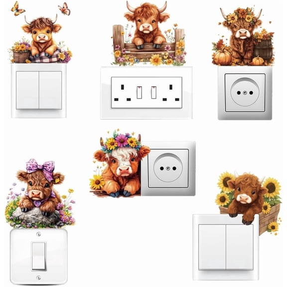 6Pcs Light Switch Plate Stickers Highland Cow Colorful Flowers Fluttering Butterflies Switch Stickers for Light Switch Wall Outlets Bedroom Living Room Laptop 7 x 7 Inches colorful