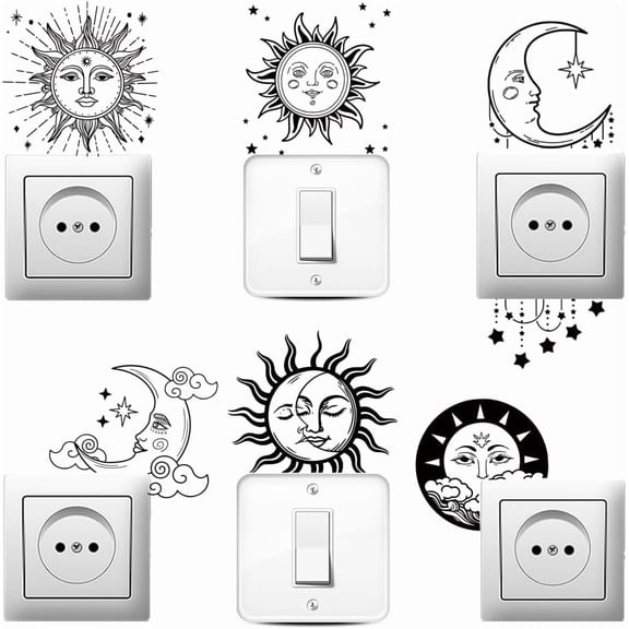 6Pcs Light Switch Plate Stickers Sun Moon and Star Creative Switch Stickers for Light Switch Wall Outlets Socket Ledge Bedroom Living Room Laptop Computer 7 x 7 Inches Mixed Color
