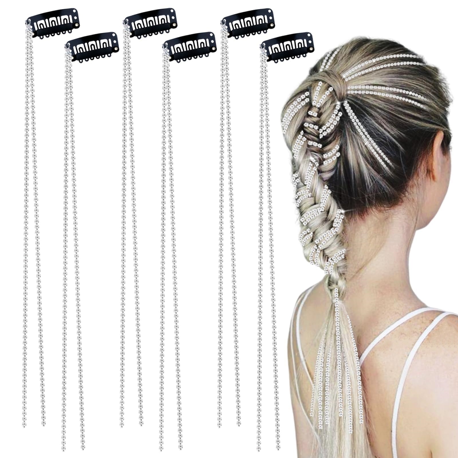 Silver Braided Hair Clip Chunyin Rhinestone Hair Chains for Women - 6 Count Pack of  main image 3