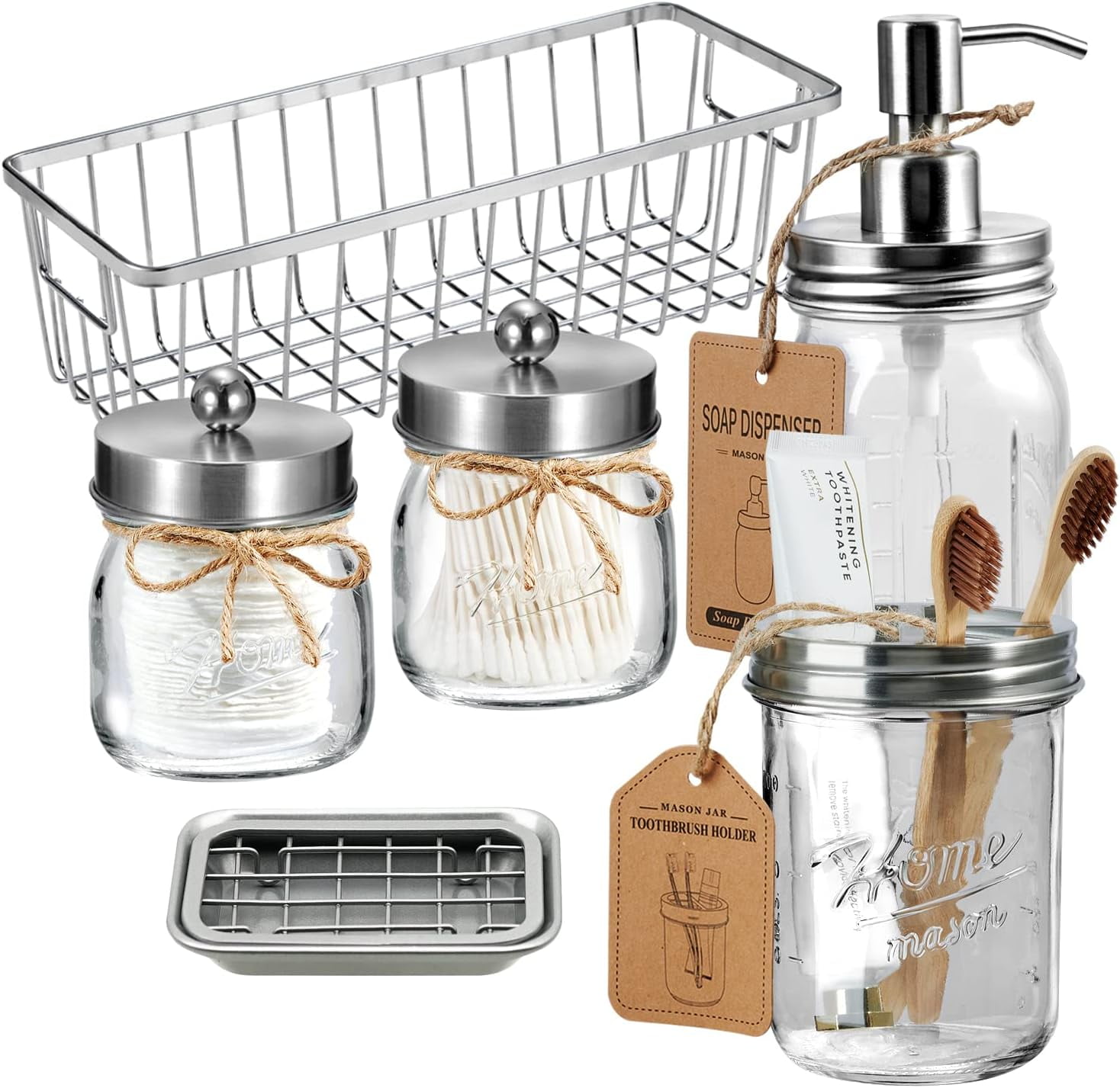 Ahot 6Pcs Bathroom Accessories Set Complete - Toothbrush Holder, Lotion Soap Dispenser, 2 Mason Jars, Soap Dish, Toilet Paper Basket, Rustic Farmhouse Decor (Brown, 6Pcs Bathroom Set)