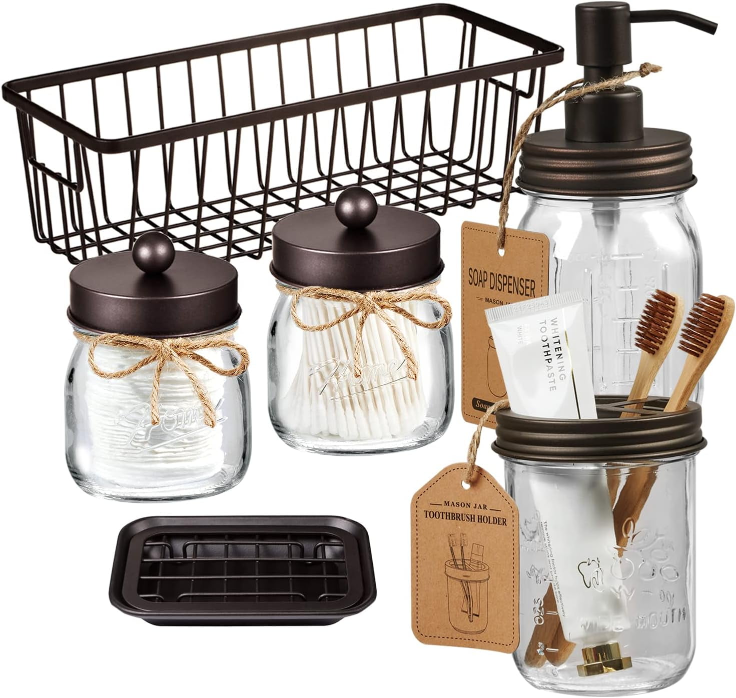 Mason Jar Bathroom Accessories Set - Toothbrush Holder, Lotion Soap Dispenser, Mason Jar, Soap Dish, Toilet Paper Basket, Rustic Farmhouse Decor (Bathroom Set)