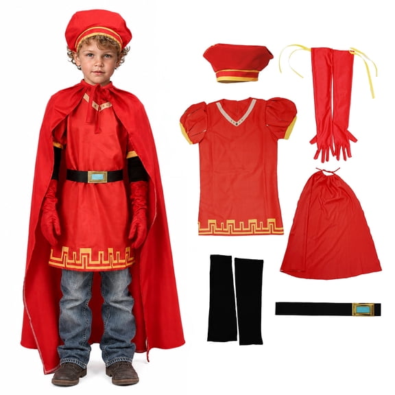6Pcs Medieval Royal Costume Set Red Tunic Cape Hat Gloves Belt Sleeve Covers Halloween Cosplay Dress Up Outfit