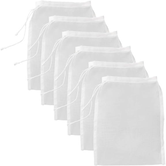 6Pcs Mesh Nut Milk Bag Nylon Strainer Pouch with Drawstring Nylon Reusable Cheesecloth Bags Food Filters for Straining Fruit Juice Almond Coffee Tofu Yogurt Soup Cold Brew 8 x 6 inch White