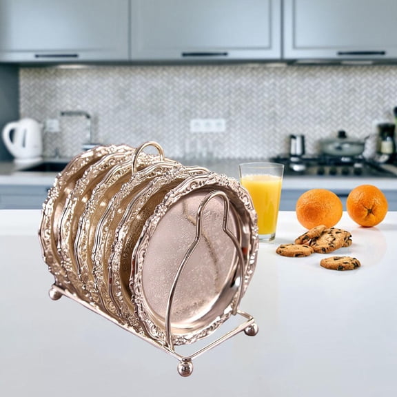 6Pcs Metal Coaster Fruit Serving Tray with Storage Rack, Non Slip for Coffee Cups, Tea Cups, Glasses and Other Beverage Cups Durable