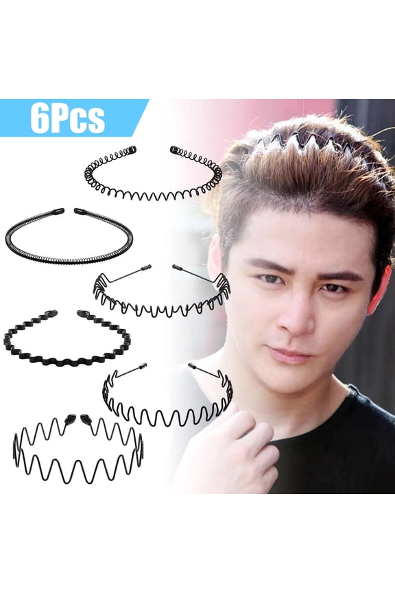 6Pcs Metal Hair Bands,Men's Wavy Spring Headbands,Fashion and Elastic Hair Hoops for Sports and Beauty Care,Black
