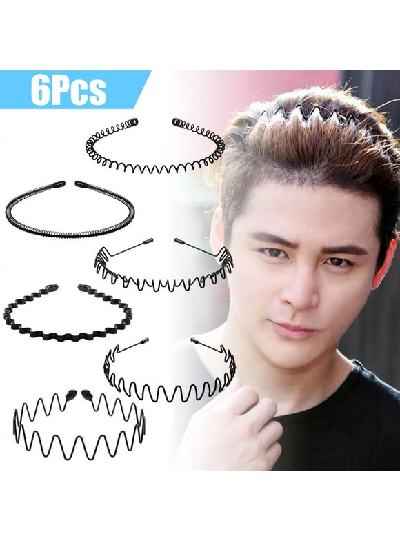 6Pcs Metal Hair Bands, TSV Men's Wavy Spring Headbands, Fashion and Elastic Hair Hoops for Sports and Beauty Care, Black