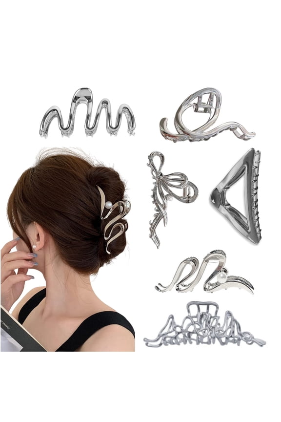 6-Pcs Silver Metal Hair Claw Clips, Liquid Irregular Nonslip Barrettes, Strong Hold Elegant Hair Accessories for Women - Mixed Styles