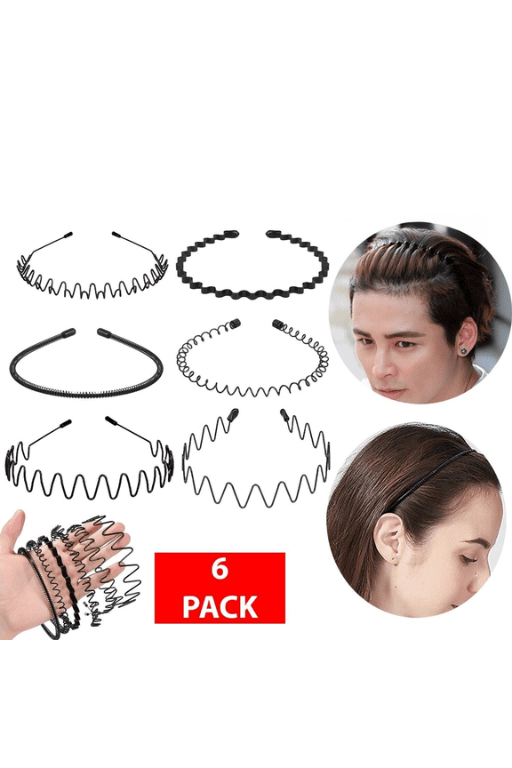 6Pcs Metal Hair Headbands, Black Wave Hoop Hair Band with Non-Slip Design, Adjustable Flexible Hair Accessories for Women Men, Sports, Daily Use