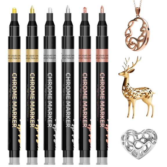 6Pcs Metallic Markers, Chrome Paint Markers, Sliver Gold Copper Permanent Mirror Metallic Markers for Plastic, Jewelry, Wheel, Model Car, Touch Up Repair Kit & DIY Craft