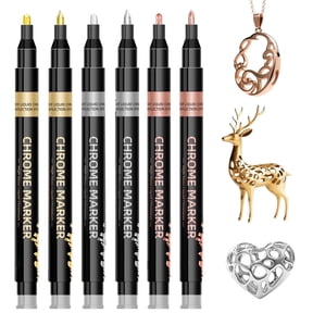6Pcs Metallic Markers, Chrome Paint Markers, Sliver Gold Copper Permanent Mirror Metallic Markers for Plastic, Jewelry, Wheel, Model Car, Touch Up Repair Kit & DIY Craft