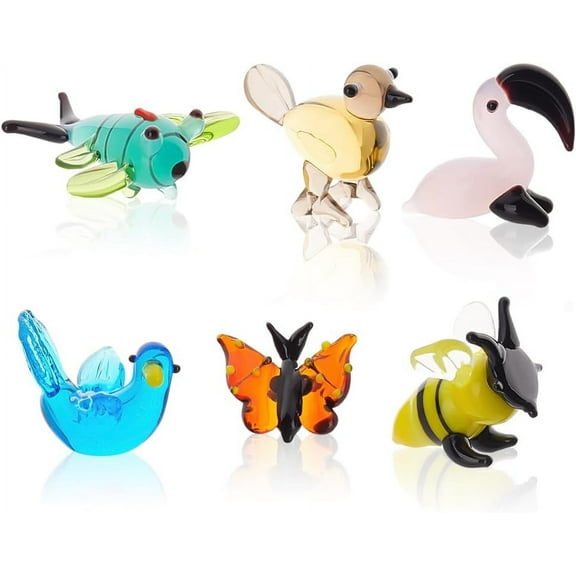 6Pcs Mini Animals Figurines 6 Styles Glass Animal Figurines for Table Home Decoration Dragonfly Bird Bees Pigeon Flamingo Butterfly Glass Display Miniature for Anniversary Birthday Gift