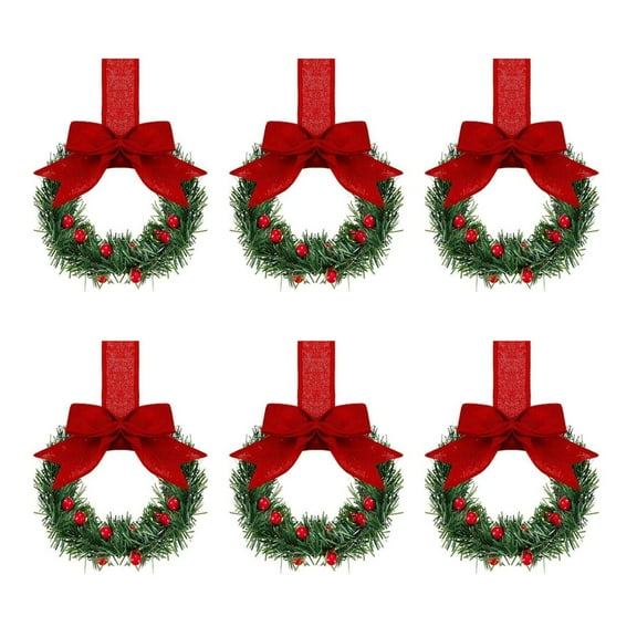 6Pcs Mini Christmas Wreath for Cabinets, 5 Inch Small Christmas Wreath with Ribbon Bows Red Berry, Small Wreaths for Kitchen Cabinets, Christmas Wreaths for Window Christmas Party Decorations