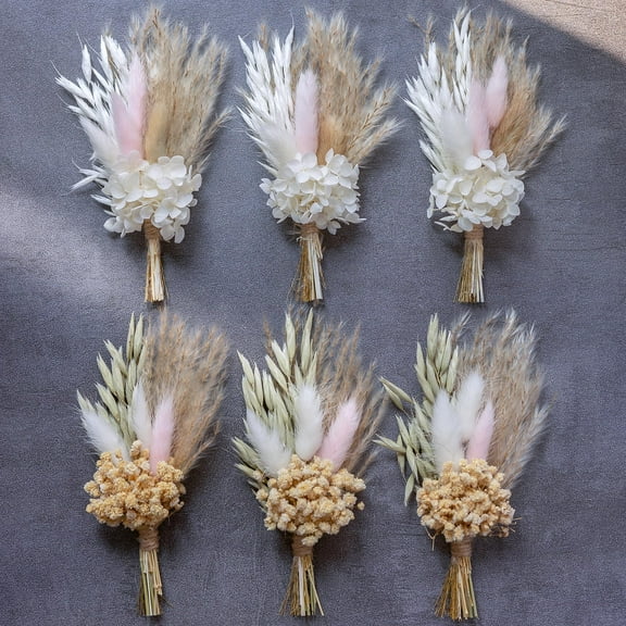 6Pcs Mini Dried Flower Bouquet, Pink Dried Flower Bouquet for Boho Wedding Plate Decorations, Dried Pampas Grass, Groom and Best Man Boutonnieres, Dried Cake Flowers