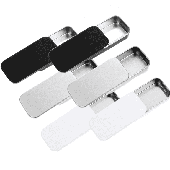 6Pcs Mini Metal Tin Box, 2x1x0.4 Inch Slide Top Tin Containers, Rectangular Empty Hinged Tins Box Containers for Jewelry, Crafts, Candy, Gift Card Holder (Silver, Black, White)