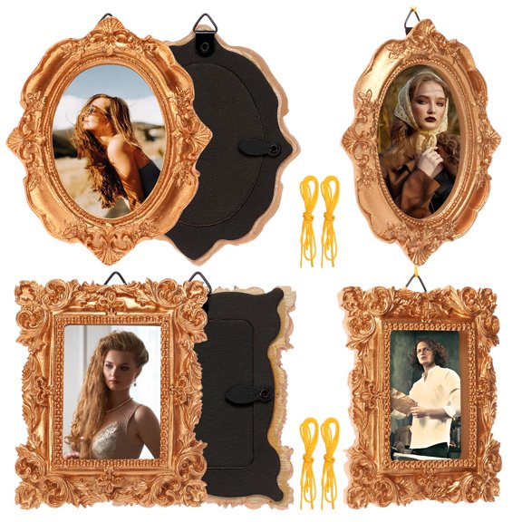 6Pcs Mini Vintage Picture Frame 3.94*4.72/3.23*3.94in Wall Hanging Resin Oval Rectangle Ornament Frame with Hanging Cord Wall Christmas Tree Decor