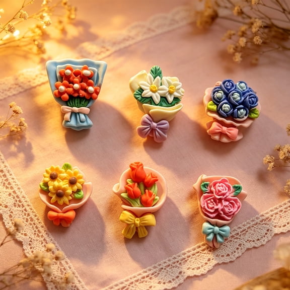 6Pcs Miniature Resin Bouquet Charms, 1.18" Flatback Flower Embellishments for DIY Crafts, Scrapbooking, Decoden Phone Case Decor