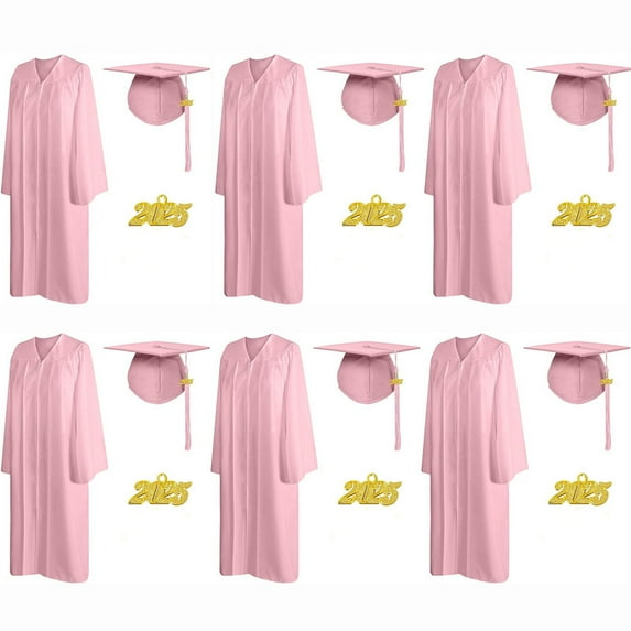 6Pcs Misscom Matte Graduation Cap Gown Set with 2025 Tassel for High School and Bachelor Graduation dress robe ,pink,45( 5 '3 "to 5' 5" )