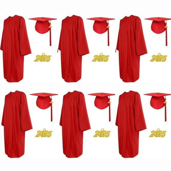 6Pcs Misscom Matte Graduation Cap Gown Set with 2025 Tassel for High School and Bachelor Graduation dress robe ,red,48(5'3" to 5'5" )