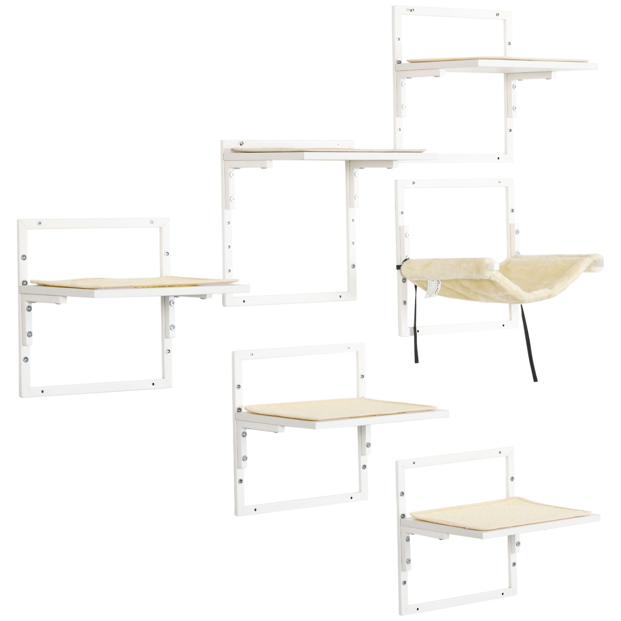 6Pcs Modern Cat Wall Shelves for Indoor Cats, Height Adjustable Jumping Platforms & Cat Hammock, Cat Shelves and Perches for Wall-Mounted Cat Tree, Cat Climbing Shelf Set, Cream