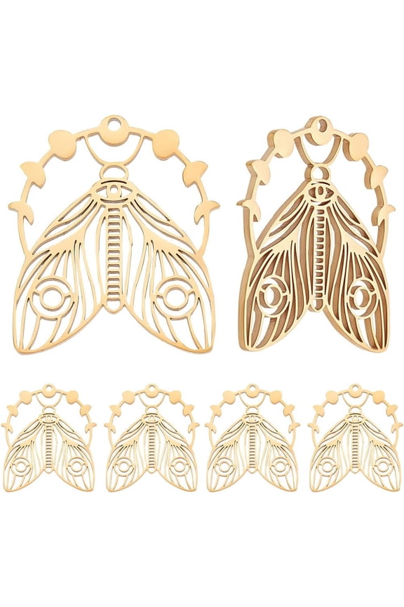 6Pcs Moon Moth Charms 18K Gold Plated Stainless Steel Luna Moth Animal Insect Gothic Charms for Jewelry Making Necklace Earrings DIY Craft