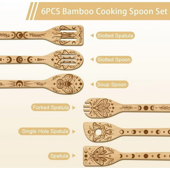 6Pcs Moon Moth Wooden Spoons Utensil Set Moon Phases Bamboo Carving Kitchen Cooking Utensils Wooden Engraved Cooking Spatula Set for Kitchen Fun House Warming Gift