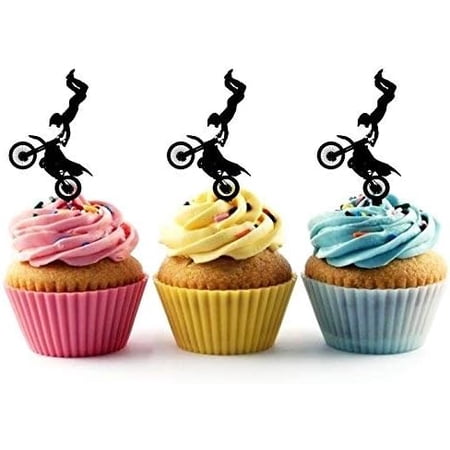 6Pcs Motocross Stunt Rider Silhouette Acrylic Cupcake Toppers for Extreme Sports Themed Party Decorations