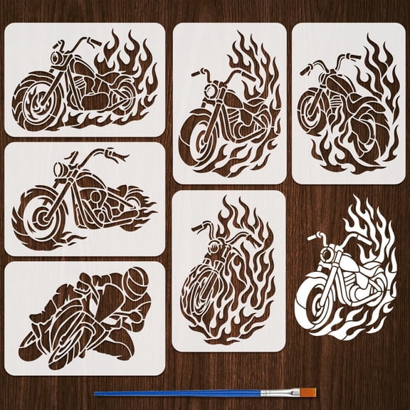 6Pcs Motorcycle Flame Painting Stencil with Brush 11.7x8.3inch Plastic Flame Motorcycle Racing Stencil Drawing Template DIY Craft Paint Template