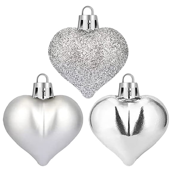 6Pcs Multi Finish Heart Shaped Baubles - Glittering Hanging Heart Ornaments for Christmas Tree Decor and Festive Home Holiday Decoration
