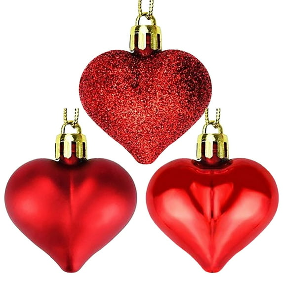 6Pcs Multi Finish Heart Shaped Baubles - Glittering Hanging Heart Ornaments for Christmas Tree Decor and Festive Home Holiday Decoration