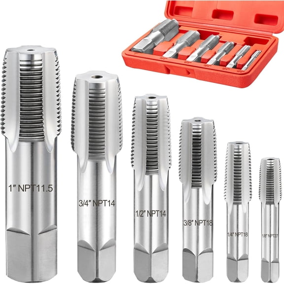 6Pcs NPT Pipe Tap Set, 1", 3/4", 1/2", 3/8", 1/4", 1/8" Professional Taps Kit, Pipe Thread Cutting Tool with 4-Straight Flute Cutting Design, Alloy Steel NPT Tap Set with Storage Case$$Tools