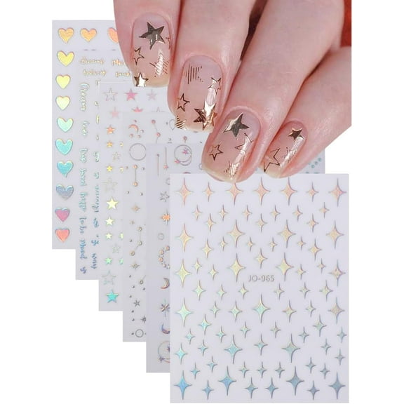 6Pcs Nail Art Stickers 9.2x7.2x0.03cm Silvery Paper Self Adhesive Nail Decals Star Word Heart Moon Pattern Design Party Wedding Beauty Supplies DIY Decorations for Summer Women