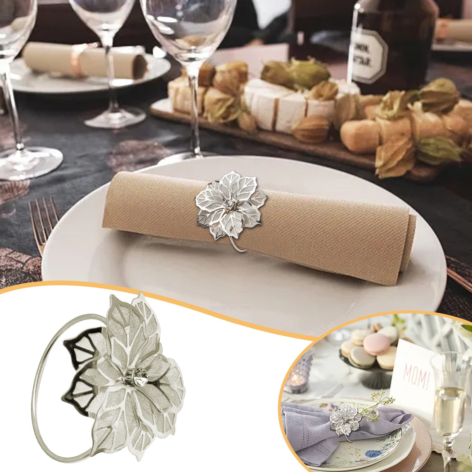 6Pcs Napkin Rings 3D Flower Serviette Buckle Napkin Holder For Wedding